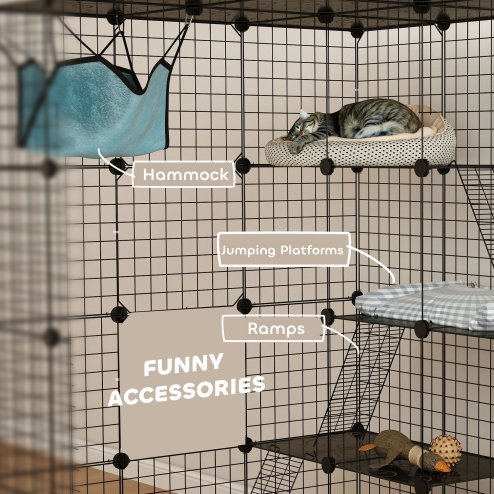 PawHut Cat Cage Indoor, DIY 4 Tier Wire Cat Enclosure with Hammock, Ramps, Doors, Jumping Platforms, Detachable Catio Indoor for 1-3 Cats, 105 x 105 x 140 cm, Black