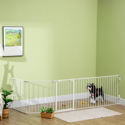 PawHut Pet Safety Gate, 5 Panels Playpen Fireplace, Metal Fence, Stair Barrier, Room Divider w/ Walk-Through Door - White