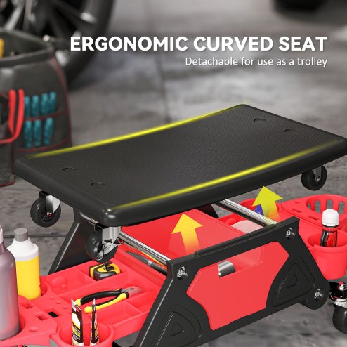 HOMCOM Rolling Mechanic Stool, 135kg Capacity Workshop Stool with 360 Swivel Wheels, Roller Creeper Seat with Slide Out Tool Trays, Drawer, Bottle Holders for Garage, Shop, Auto Repair, Red