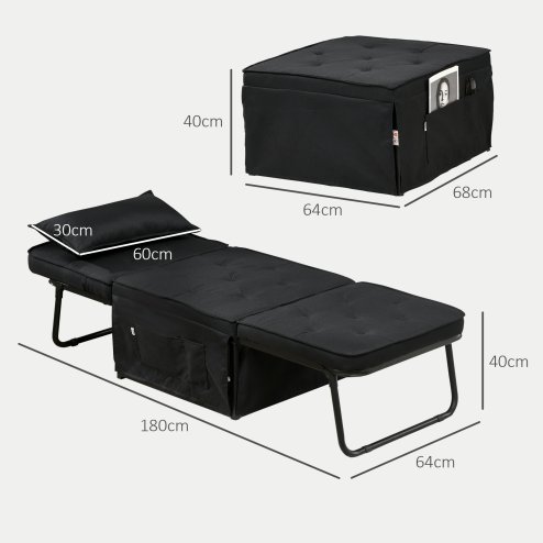 HOMCOM Folding Chair Bed, 4-in-1 Convertible Sleeper Chair with Adjustable Backrest, Pillow, Side Pockets, Armchair for Bedroom, Living Room