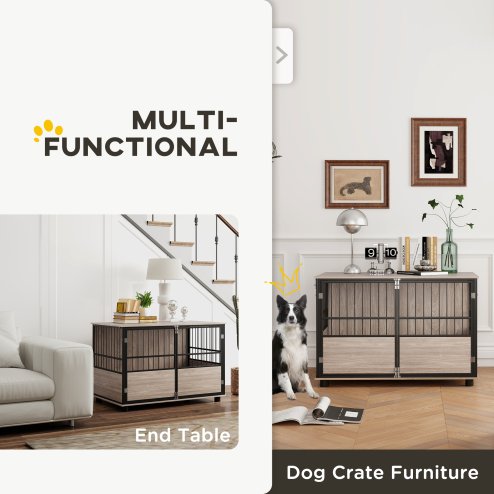 PawHut Dog Crate Furniture, Dog Cage End Table Indoor with 3 Doors, Furniture Style Dog Crate with Soft Washable Cushion, for Large Dogs, 100L x 60W x 68Hcm