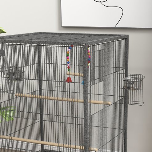 PawHut Bird Cage, Budgie Cage, Parrot Cage, with Rolling Stand, Stainless Steel Bowls, Swings, Removable Tray for Small Parrot, Budgie, Lovebird - Grey
