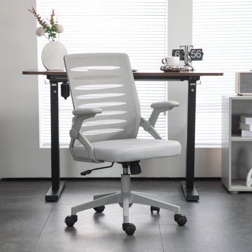 Vinsetto Mesh Office Chair, Swivel Task Desk Chair with Lumbar Back Support, Flip-Up Arm, Adjustable Height for Home Office, Grey