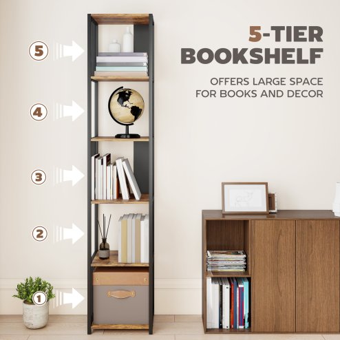 HOMCOM 5-Tier Bookshelf, Modern Tall Bookcase with Steel Frame, Freestanding Display Storage Unit for Living Room, Bedroom, Study, Home Office, Rustic Brown