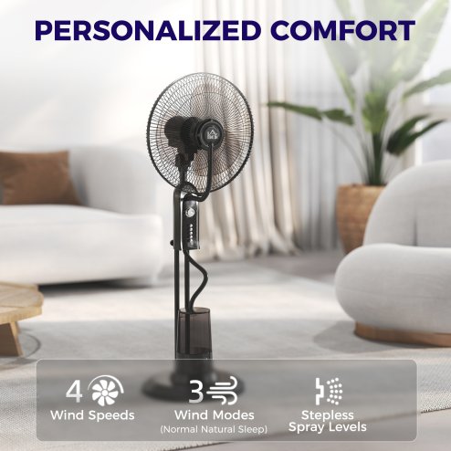 HOMCOM Pedestal Fan with Water Mist Spray, Spray Misting Fan with 70° Oscillation, Tilt Head, 4 Speeds, 3 Modes, Adjustable Mist, 3.2L Water Tank, for Home, 120 cm
