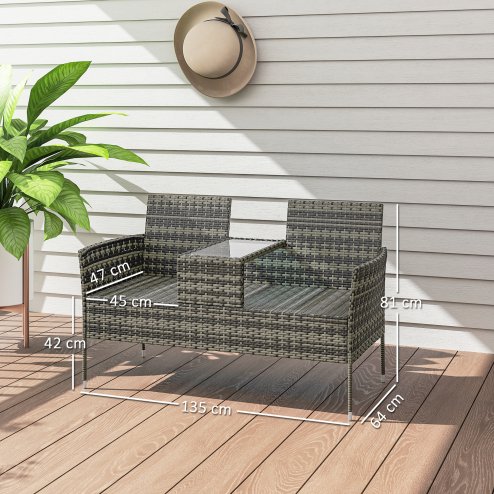 Outsunny 2 Seat Rattan Garden Bench, Patio Wicker Chair with Glass Tea Table, Outdoor Love Seat with Padded Cushions, for Garden, Porch, Charcoal Grey/Grey