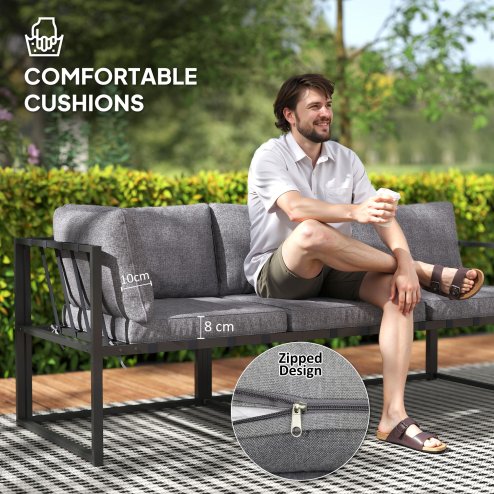 Outsunny 3 Piece L Shaped Garden Furniture Set with Cushions, Garden Corner Sofa Set with 3-Seater Sofa, Loveseat and Tempered Glass Top Table for Outdoor, Grey