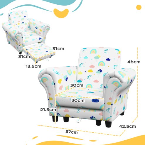 AIYAPLAY Kids Armchair with Stool, 2 Piece Kids Sofa Set with Cloud Design, Wooden Frame, Upholstered Kids Chair for Bedroom, Playroom, Kid Room, for 1.5-3 Years Old, White