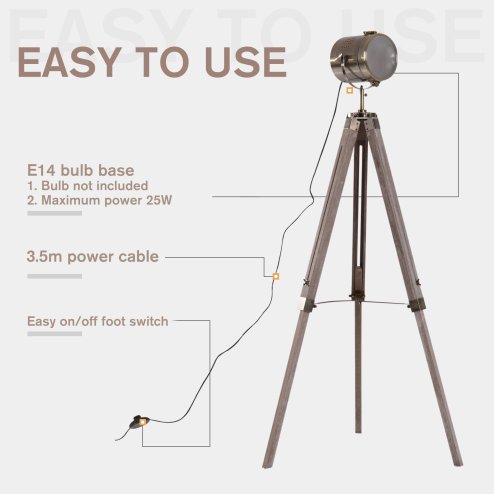HOMCOM Industrial Tripod Floor Lamp, Nautical Searchlight with Adjustable Height, Wood Legs, E14 Lamp Base for Living Room, Bedroom, Grey and Bronze