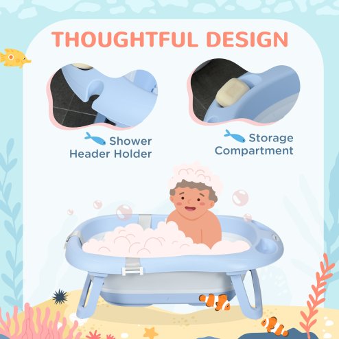 ZONEKIZ Foldable Baby Bath Tub Set, Collapsible Bathtub Antibacterial with Non-Slip Support, Cushion Pad, Shower Head Holder, for Newborn to Toddler Ages 0-6 Years - Blue