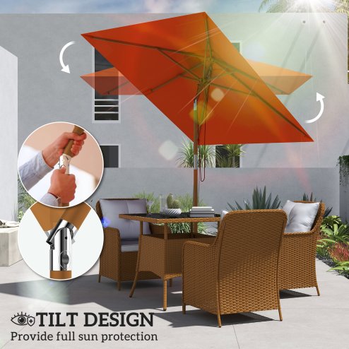 Outsunny 2m x 1.5m Garden Parasol Umbrella with Tilting Sunshade Canopy, Outdoor Market Table Umbrella with Wood and Bamboo Frame, Orange