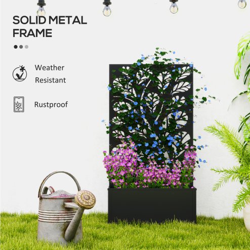 Outsunny Metal Garden Bed with Trellis, Wall Mounted or Freestanding Raised Planter with Privacy Panel, Twig and Leaf Cut-out Privacy Screen with Planter Box for Climbing Plants, Flowers, Vegetables