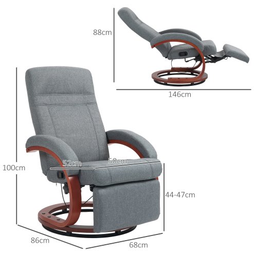 HOMCOM Swivel Recliner Chair with Extended Footrest, Manual Reclining Armchair with Wood Base for Living Room, Bedroom, Grey