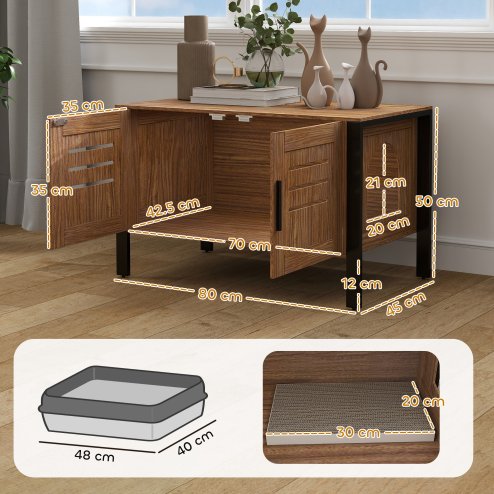 PawHut Cat Litter Box Enclosure, Hidden Litter Box Furniture Washroom with Tall Legs, Scratching Board, Double Doors, Ventilation Holes, Indoor Cat House Side End Table, 80 x 45 x 50 cm, Dark Brown