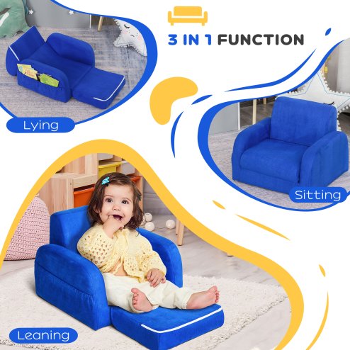 HOMCOM Children's Armchairs Kids Toddler Sofa Chair 2 In 1 Sofa Bed Folding Couch Soft Flannel Sponge Playroom Bedroom Living Room Blue