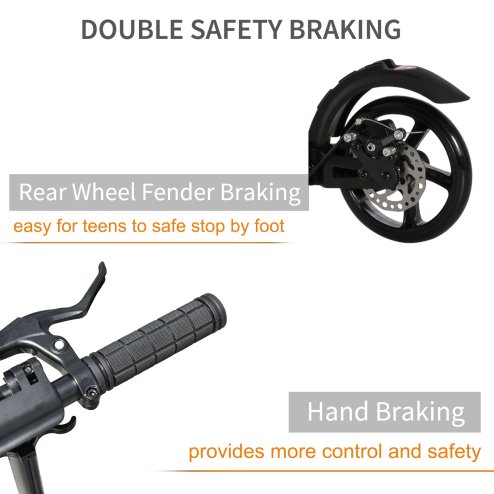 HOMCOM Kick Scooter, Folding 2 Wheel Scooter for 14+ Teens Adults, with Dual Brake System, Dual Suspension, 230mm Big Wheels, 3 Adjustable Handlebar, up to 100KG, Black