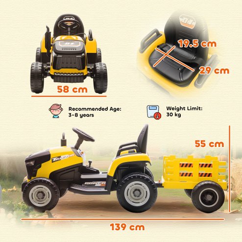 AIYAPLAY Ride on Tractor with Trailer, 12V Electric Vehicle with Remote Control, Ride on Car for Kids with Music, Shifter, Start-Up Sound for Ages 3-8 Years, Yellow
