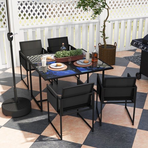 Outsunny 5 Piece Garden Dining Set, 4 Seater Outdoor Table and Chairs with Texteline Seat, Space Saving Cube Set with Foldable Backrest, Tempered Glass Table Top, for Patio, Black