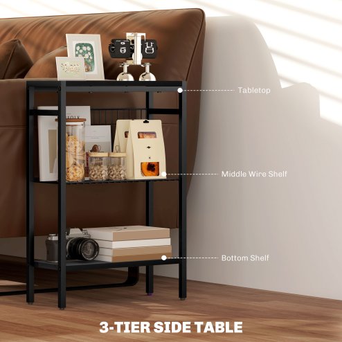 HOMCOM Side Table with 3-Tier Storage, Small Bedside Table, Sofa End Table with Steel Frame for Living Room, Bedroom