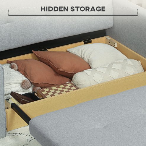 HOMCOM 2 Seater Sofa Bed, Convertible Bed Settee, Modern Linen Loveseat Sofa Couch with 2 Cushions, Hidden Storage for Living Room, Guest Room, Light Grey