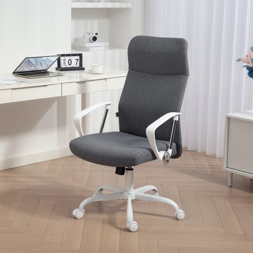 HOMCOM Office Chair, Fabric Computer Desk Chair with High Back, Swivel Wheels, Armrest, Tilting Function, Height Adjustable for Home, Grey