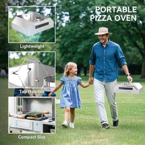 Outsunny 8 in Portable Stainless Steel BBQ Grill Top Pizza Oven with Built-in Thermometer and Viewing Window for Gas and Charcoal BBQ Grills, Includes Carry Handles, Pizza Stone and Peel, Silver Tone