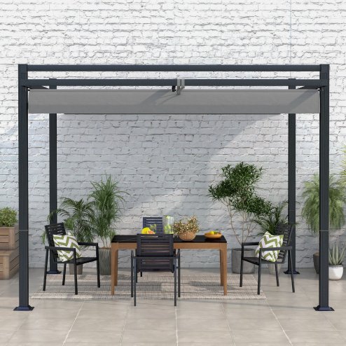 Outsunny 3 x 3(m) Pergola with Retractable Roof Canopy, Aluminium Frame Garden Gazebo Outdoor Sun Shade Shelter for Grill, Patio, Deck, Dark Grey