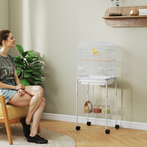 PawHut Bird Cage Budgie Cages for Finch Canary Parakeet with Stand Wheels Slide-out Tray Accessories Storage Shelf, White 46.5 x 36 x 124 cm