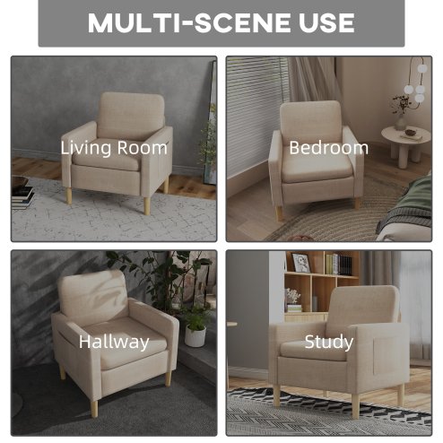 HOMCOM One Seater Sofa for Living Room, Modern Fabric Armchair with Wood Legs and 2 Pockets, Accent Chair for Bedroom and Home Office