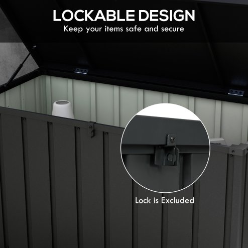 Outsunny 450 Litre Garden Storage Box, Outdoor Storage Box with Wheels and Handles, Lockable Galvanised Steel Outside Deck Box Organiser for Tools, Cushions, Dark Grey