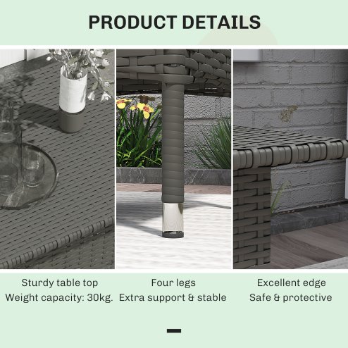 Outsunny Rattan Side Table, Outdoor Coffee Table with Plastic Board Under the Full Woven Table Top for Patio, Garden, Balcony, Grey