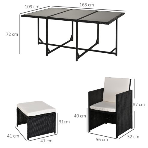 Outsunny 10 Seater Rattan Cube Garden Furniture Set with Cushions, Rattan Dining Set, Outdoor Dining Table and Chairs with 6 Armchairs, 4 Stools, Rectangular Glass Top Table, Black