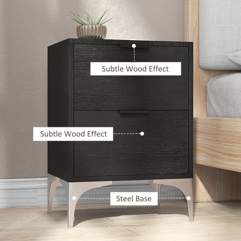 HOMCOM Bedside Tables Set of 2, Modern Nightstand with 2 Drawers, Small Sofa End Tables with Storage and Steel Legs for Bedroom, Living Room, Black