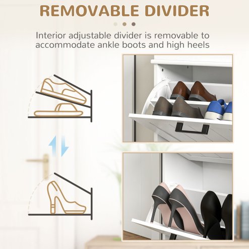 HOMCOM 2 Drawers Entryway Shoe Cabinet, Narrow Shoe Storage Cabinet with 2 Flip Drawers and Adjustable Shelves for 10 Pairs of Shoes, White