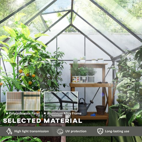 Outsunny 6 x 8ft Polycarbonate Greenhouse, Large Walk-In Greenhouse with Adjustable Roof Vent, Garden Green House with Galvanised Base, Sliding Door and Rain Gutter, Dark Grey