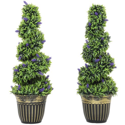 HOMCOM Set of 2 Decorative Artificial Plants, Boxwood Spiral Topiary Tree with Lavender and Pot, Fake Plants for Home Indoor Outdoor Decor, 90cm