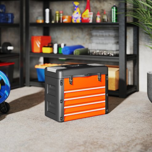HOMCOM 4 Drawers Large Tool Box, Powder Coated Steel Toolbox with Top Tray, Mini Parts Boxes, Ball Bearing Runners, Handle, Heavy Duty Tool Chest for Workshop, Garage, 497mm x 253mm x 407mm, Orange