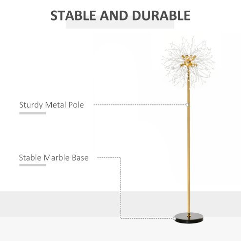 HOMCOM Floor Lamp, Crystal Fireworks Standing Lamp, Metal Golden Pole Tree Lighting with Foot Switch, 8 Lights, G9 Bulb Base, for Living Room, Bedroom