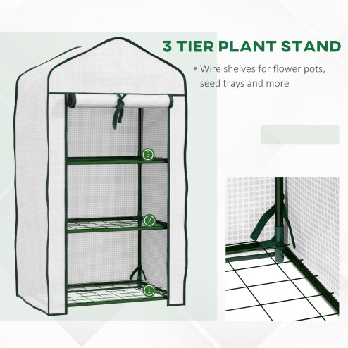 Outsunny 3 Tier Mini Greenhouse with Reinforced PE Cover, Portable Indoor Outdoor Greenhouse with Roll-up Door and Wire Shelves, 127H x 59W x 39D cm, White