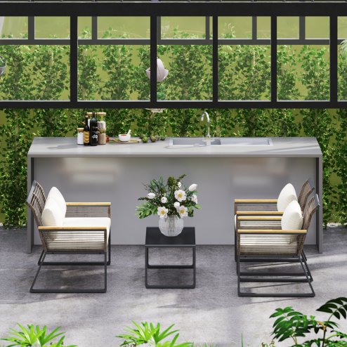 Outsunny 4 Piece Rattan Garden Furniture, 4 Seater Rattan Sofa Set, Round Wicker Rope Patio Conversation Set with 2 Armchairs, Loveseat, Glass Top Coffee Table and Cushions for Outdoor, Balcony, Grey
