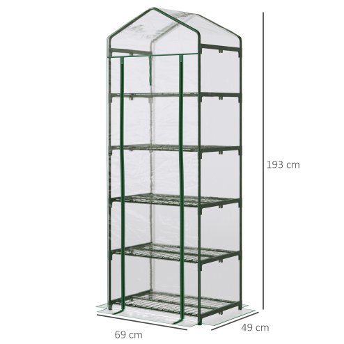 Outsunny 5 Tier Mini Greenhouse, Portable Greenhouse with Reinforced Plastic Cover, Garden Grow House with Roll Up Door and Shelves, 69 x 49 x 193cm, Green