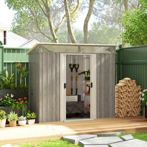Outsunny 6.5 x 4FT Galvanised Metal Garden Shed with Double Sliding Doors and 2 Vents, Lockable Tool Storage House with Foundation Kit, Light Grey Wood Effect