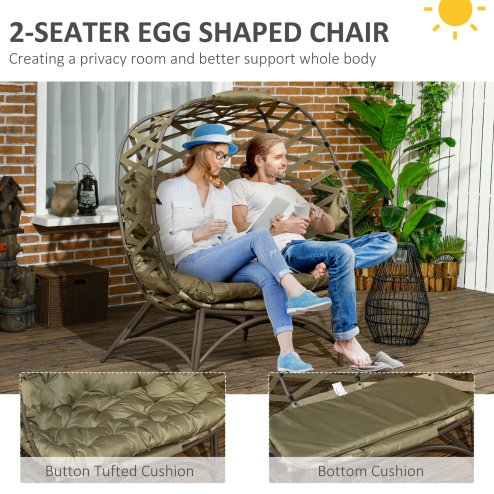 Outsunny Egg Chair Outdoor, 2 Seater Folding Weave Garden Furniture Chair with Cushion, Cup Pockets for Patio Balcony - Khaki