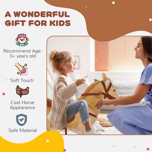 HOMCOM Kids Ride On Standing Horse Cuddly Toy Children Plush Soft Pony Gift w/ Neigh Sound or 3 Years and Up Beige