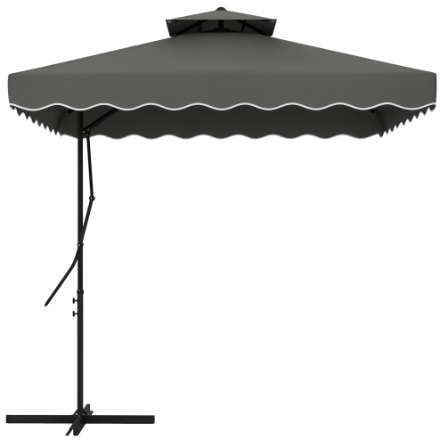 Outsunny 2.5m Cantilever Parasol with Easy Lever, Square Double Top Garden Parasol Umbrella with Ruffles and Cross Base, Overhanging Outdoor Sun Shades, Dark Grey