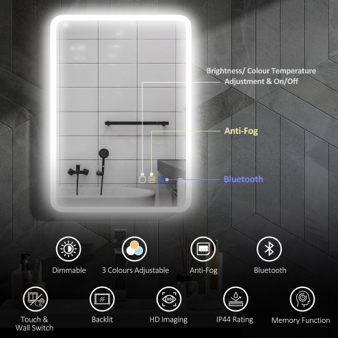 HOMCOM  Backlit Illuminated Bathroom Mirror with LED Lights and Bluetooth, Wall Mounted Vanity Mirror with 3 Colours Dimmable, Anti-Fog, Memory Function, Touch Switch, IP44