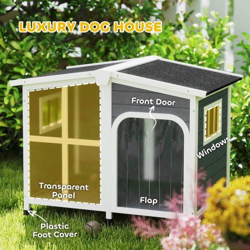 PawHut Wooden Dog Kennel, Elevated Dog House with Removable Floor, Asphalt and Openable Roof, Giant Window, Outdoor Pet House Shelter for Large Dogs, Charcoal Grey