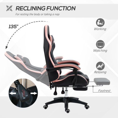 Vinsetto Computer Gaming Chair, PU Leather Desk Chair with Footrest, Swivel Task Chair with 135° Reclining Back and Lumbar Support, PC Chair for Adults, Black and Pink