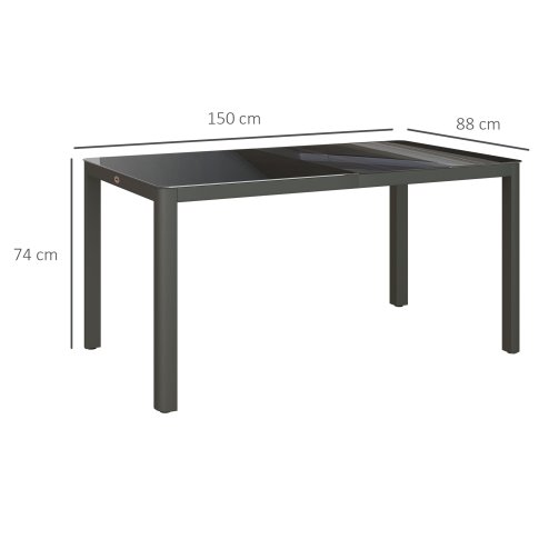 Outsunny Outdoor Dining Table for 6 People, 150 x 88 cm Rectangular Garden Table with Aluminium Frame, Tempered Glass Top and Height-Adjustable Feet for Balcony, Porch, Terrace, Grey