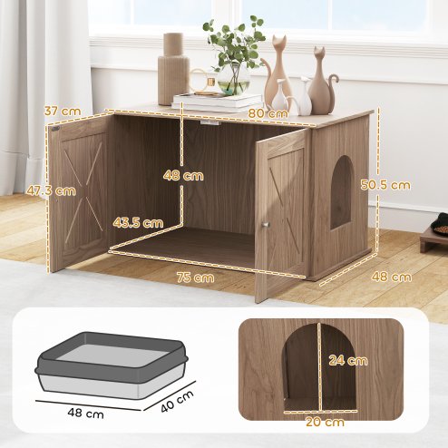 PawHut Cat Litter Box Enclosure, Cats House Litter Box Furniture with Double Doors and Side Entrance, Non-Slip Pads, Indoor Kitty House Hidden Washroom Toilet for Living Room, Walnut Brown